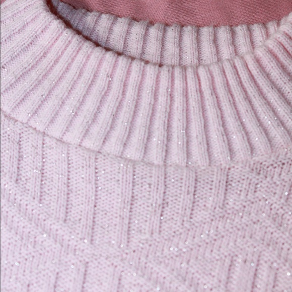 VTG 80s Baby Pink/Metallic Silver Acrylic Ribbed Mock Neck Chunky Knit Sweater - Picture 8 of 10